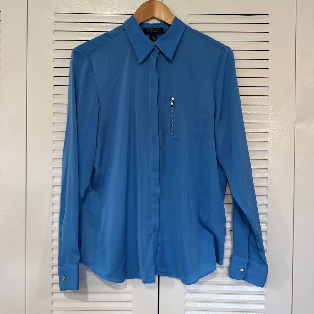 Lauren Ralph Lauren L Cobalt Blue Blouse Zip Pocket Long Sleeve Stretch Shirt